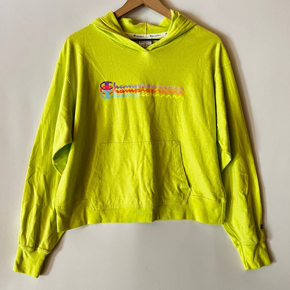 Champion Neon Lime Green Lightweight Graphic Hoodie Sweatshirt Medium Casual